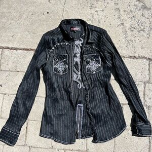 Roar Long Sleeve Western Rhinestone Shirt Size Large Black